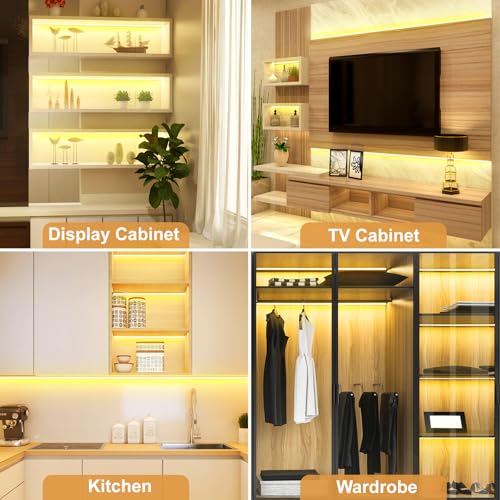 Image of JUSJUBR Shelf Lighting, 32.8ft 24V Dimmable Cuttable COB LED Strip Lights, Warm White 3000K, LED Lights for Shelves, Cabinets, Bookshelves, Display Cases, Closets, Wall Panels and Kitchens