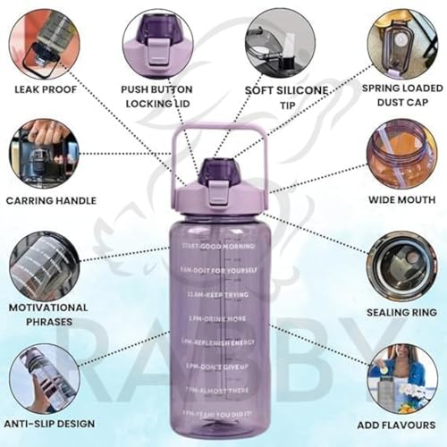 Image of RABBY 2L Motivational Water Bottle for Kids & School Use | Time Marker, BPA-Free, Leakproof Straw Lid, Carry Strap | Plastic Water Bottle for Travel, Sports, Gym, Office (Purple 1Pcs)