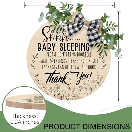 Image of Deroro Shhh Baby Sleeping Front Door Sign, Please Don't Ring Doorbell Wood Plaque Hanger Nursery Kids Infant Children Bedroom Decor, Farmhouse Wooden Wreath with Plaid Bow Wall Hanging Decoration