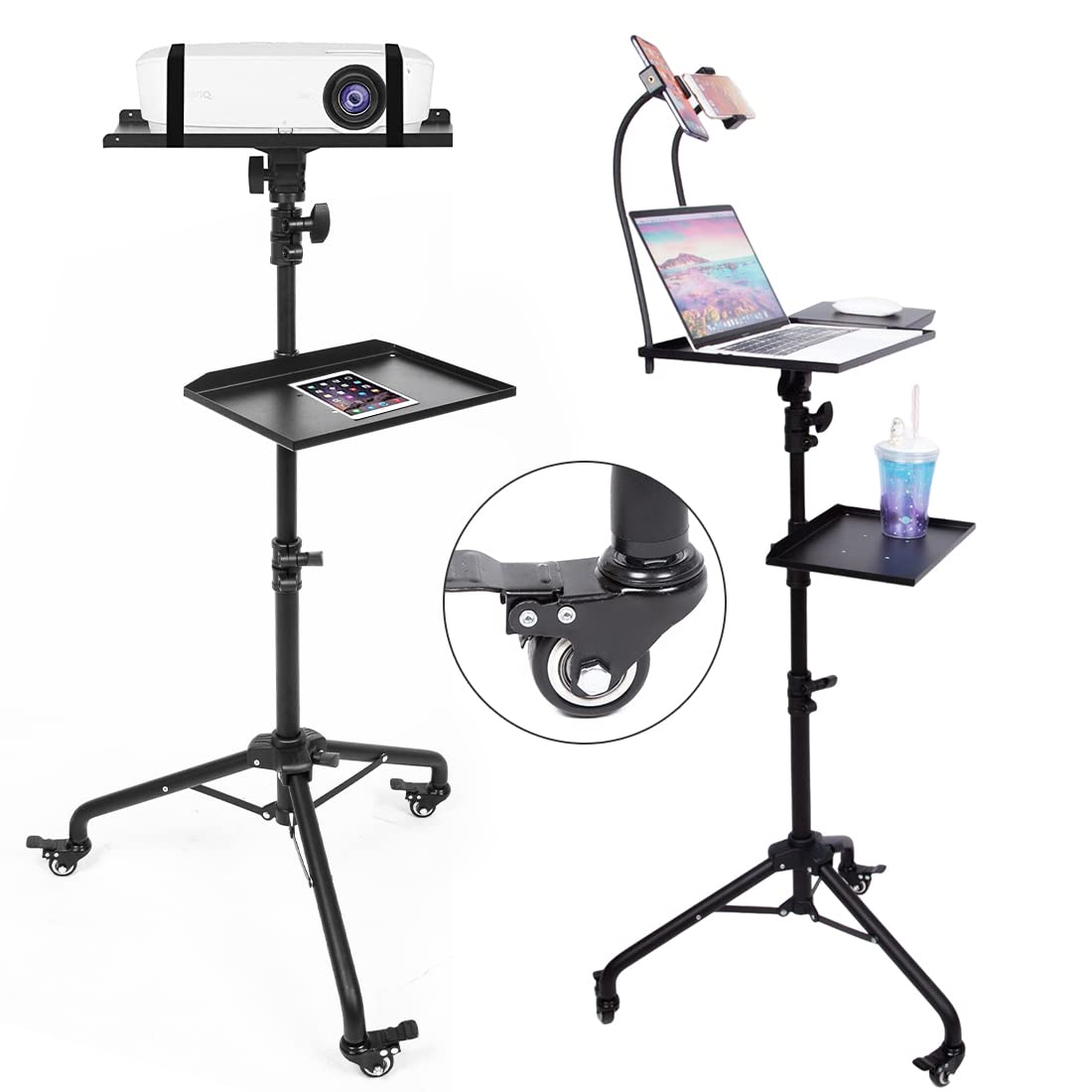 Support de Vidéoprojecteur, Support avec 3 Roulettes, Hauteur Réglable 81-130 cm, Trépied de Projecteur Portable, Projecteur, Equipement