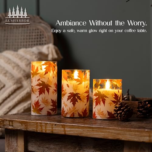 Image of Fall Flameless Candles with Remote, Autumn Maple Leaf Battery Candles | Set of 3 LED Glass Candles with Timer Battery Powered Pillar Candles Thanksgiving Decor Electric Fake Candles Mantel