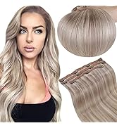 RUNATURE Hair Extensions Clip in Human Hair Blonde Highlight Grey Blonde Clip in Human Hair Exten...