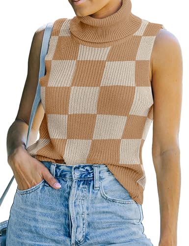 Image of Womens Sleeveless Sweater Vest Turtleneck Ribbed Knit Tank Tops Basic Slim Fit Top, Small, Plaid Khaki