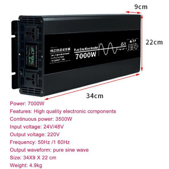 Przetwornica napięcia 7000 W/10000 W DC 24 V/48 V do AC 230 V 240 V czysta fala sinusoidalna przetwornica napięcia, wyświetlacz napięcia 2 uniwersalny Gniazda, falownik do przyczepy,7000W-12V