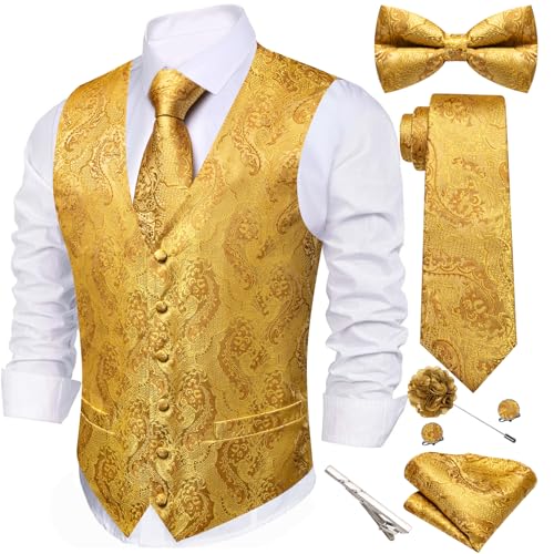 Image of Barry.Wang Men's Suit Vest Tie Bowtie Set Formal Silk Paisley Waistcoat Hanky Cufflinks Lapel Pin Set Wedding Party 7PCS