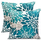 RYSMIYOU Decorative Throw Pillow Covers Set of 2 Teal Blue Pillow Covers 18x18 Inch Couch Pillow Covers for Sofa Living Room Outdoor Throw Pillow Cover Linen Floral Flower Farmhouse Pillowcase