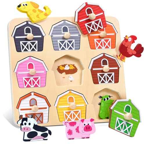 Image of JoyCat Wooden Puzzles for Toddlers 1-3, Montessori Toys for 1 2 Year Old Boy Girl Birthday Easter Gifts, Animal Match Farm Peg Puzzles, Preschool Learning Toys for Toddlers Age 1-2