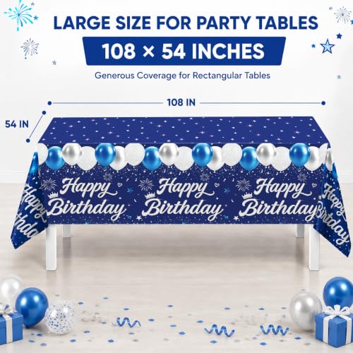 Image of 4 Pack Blue and Silver Happy Birthday Tablecloths, 54 x 108 Inch Covers | Blue and Silver Birthday Party Decorations for Boys, Teens and Men, Ideal for Cake, Dessert, Gift and Buffet Tables