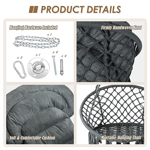 Image of Hammock Chair with Cushion, Handmade Macrame Swing Chair with Hanging Hardware Kits, Bohemian Style Cotton Rope Hanging Chair for Bedroom Indoor Outdoor, Dark Grey