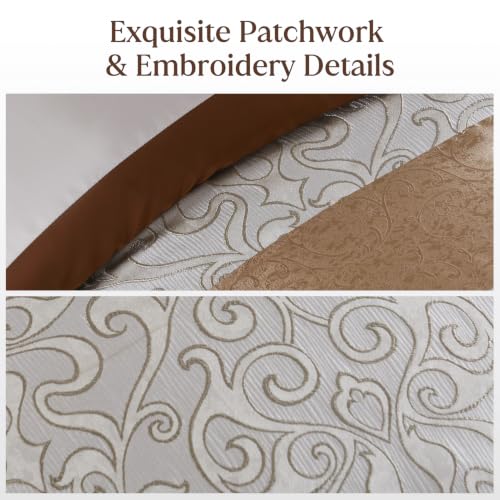 Image of CozyDH King Comforter Set Brown Cream - 7 Piece Luxury Jacquard Damask Bed in a Bag, Elegant Twisted Cord Edging, All Season Down Alternative Bedding with Bed Skirt, Shams, Decorative Pillows
