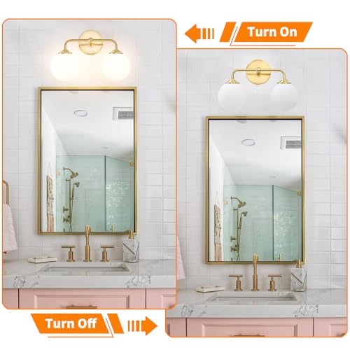 Image of Modern Gold 2-Lights Bathroom Light Fixtures, Brass Vanity Light with Milky White Globe Glass Shade, Elegant Vanity Light Fixtures over Mirror, Wall Sconce Light for Bathroom, Mirror, Dressing Table