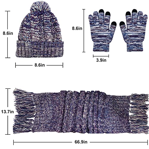 Winter Hat Scarfs & Gloves Set For Women Warm Knit Beanie Hat Long Neck Scarves Touchscreen Gloves Cold Weather Gear(Navy Blue) #TOP1