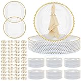 Tioncy 50 Set Clear Charger Plates Bulk Includes 50 Clear Beaded Charger Plates 13' and 50 Napkin Rings Plastic Dinner Table Decorative for Wedding, Party, Tabletop Decoration(Beaded Ring,Gold)