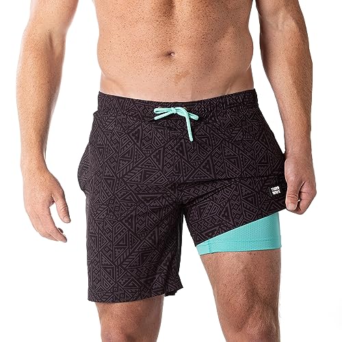Third Wave Swim Trunks with Compression Liner - Men's Premium 7 Inch Inseam Quick Dry Swim Shorts for Beach and Swimming