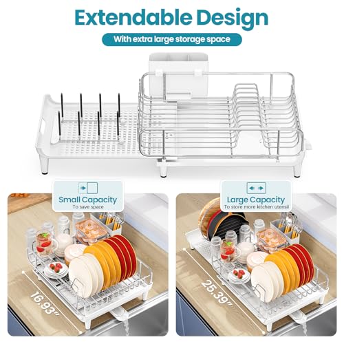 Image of TOOLF Expandable Dish Rack, Dish Drying Rack for Kitchen Counter, Foldable Dish Dryer Rack, Stainless Steel Dish Drainer Racks with Cutlery Holder, Collapsible Dish Drying Racks Large Size, White