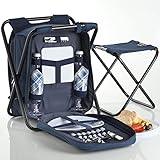 VonShef 2 Person Blue 2 in 1 Picnic Backpack Hamper & Stool with Cooler Bag & Tableware - Complete with stand alone stool