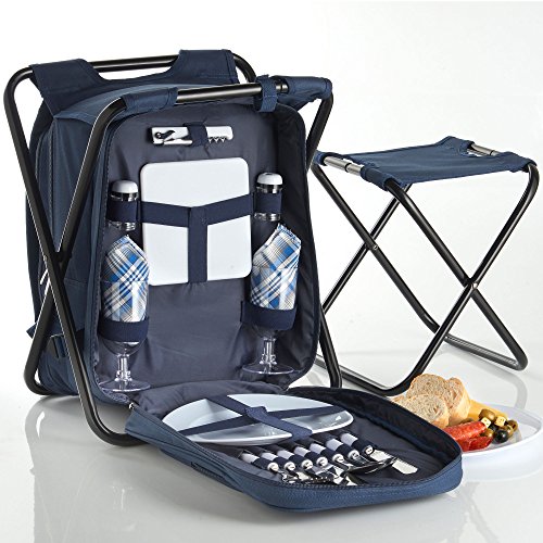 VonShef 2 Person Blue 2 in 1 Picnic Backpack Hamper & Stool with Cooler Bag & Tableware - Complete with Stand Alone Stool