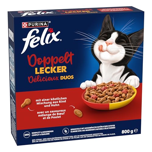 Felix Doppelt Lecker Katzenfutter trocken mit Rind, Huhn und reich an Rote Bete, 5er Pack (5 x 800g)