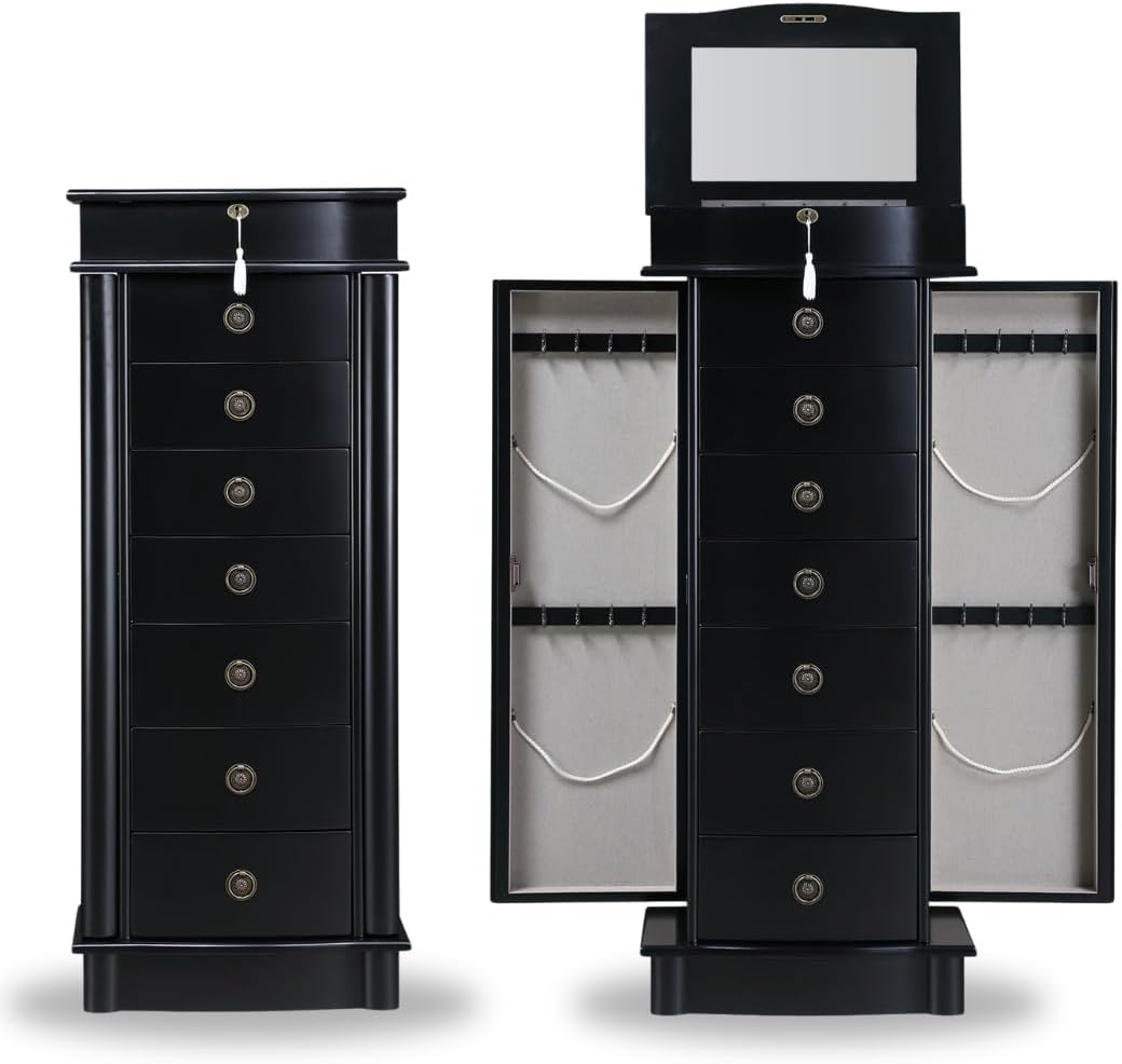 Alveare Home Nara Jewelry Armoire – Locking Storage Organizer with Seven Spacious Drawers, Black