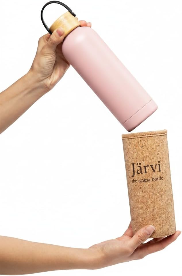 Jarvi The Sauna Bottle - 18 oz / 550ml Icy Cold Water & Cool to Touch even in Hot Saunas - Natural Cork x Neoprene Outer Layer - Double Wall Insulated Steel Bottle (Pastel Pink, Medium)