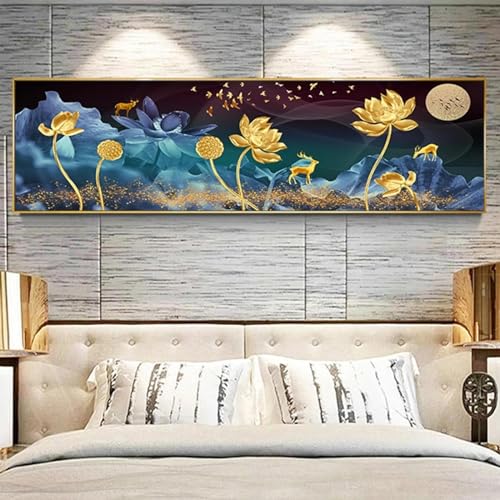 Peinture de paysage de cerf de Lotus doré impressions sur toile d'art mural de salon