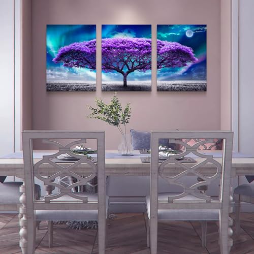 DZRWUBHS Canvas Wall Decor For Living Room Frame Wall Art For Bedroom Purple Tree Wall Painting Artworks Inspiration Wall Pictures For Office Modern Aurora Prints Dining Room Decorations 3 Pieces