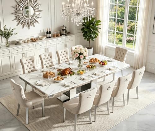 Image of 11-Piece Faux Marble Dining Table Set for 10, 63-94.5 inch Extendable Kitchen Table Set with 10 Beige Tufted Chairs Large Expandable Dining Room Table for 6 8 10 with Mirrored U-Shape Base