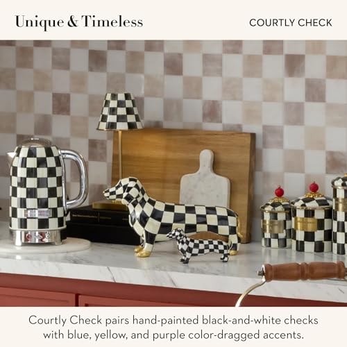 Image of MACKENZIE-CHILDS Dog Figurine, Decorative Resin Dog Statue, Black-and-White Courtly Check Dachshund