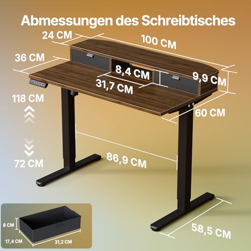HUANUO Höhenverstellbarer Schreibtisch 100x60 cm mit Schubladen – Ansicht 2