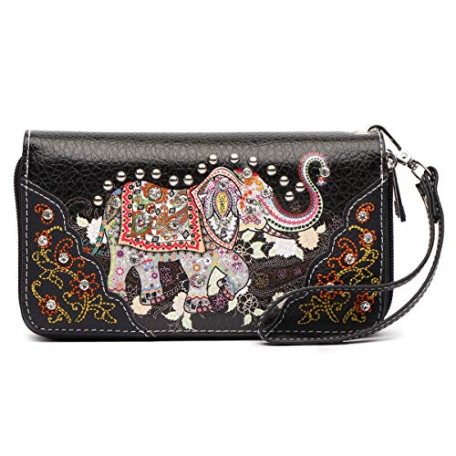 Elephant Rhinestone Studded Western Style Concealed Carry Purse Handbag Women Shoulder Bag Wallet Set3