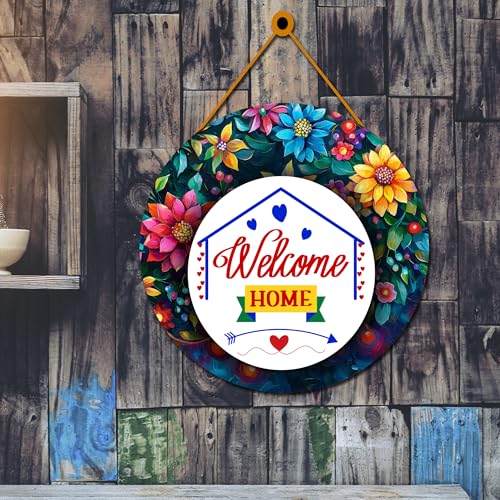 Image of GENXTRA Welcome Home Wall Hanging - Floral Round Wooden Door Sign for Entrance, Living Room & Home Decor