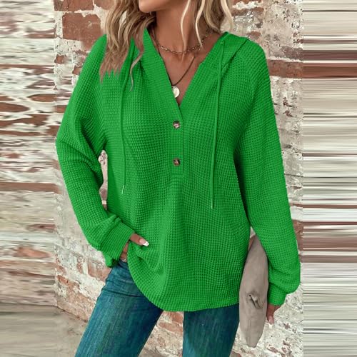 Hoodies for Women Oversized Waffle Knit Long Sleeve Button Down Shirt V Neck Crochet Tunic Pullover Sweaters Tops2