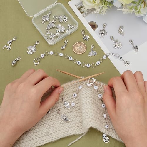 BENECREAT 11Pcs Acrylic Number Knitting Row Counter Chains and Alloy Autumn Theme Charm Locking Stitch Markers with Lobster Claw Clasps for Knitting Weaving Sewing Accessories Antique Silver - Image 3