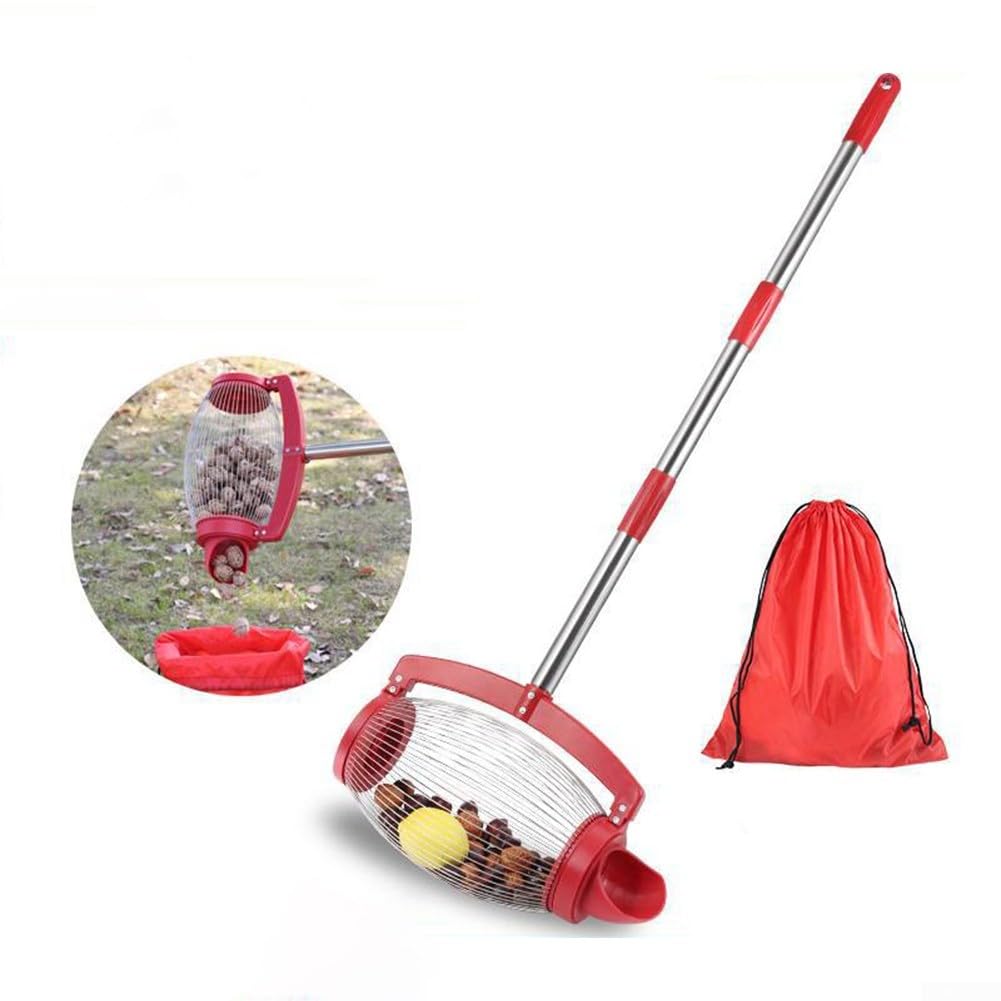 Colector de nueces con construcción de acero inoxidable para recoger nueces, castañas y pelotas de golf en suelo plano o desigual (modelo de inclinación lateral)