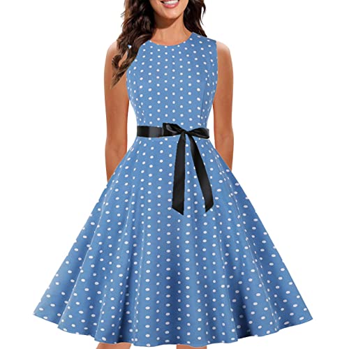 Damen 50S Retro Cocktailkleid Rockabilly Retro Schwingen Kleid Faltenrock A-Line Petticoat (Blau, M)