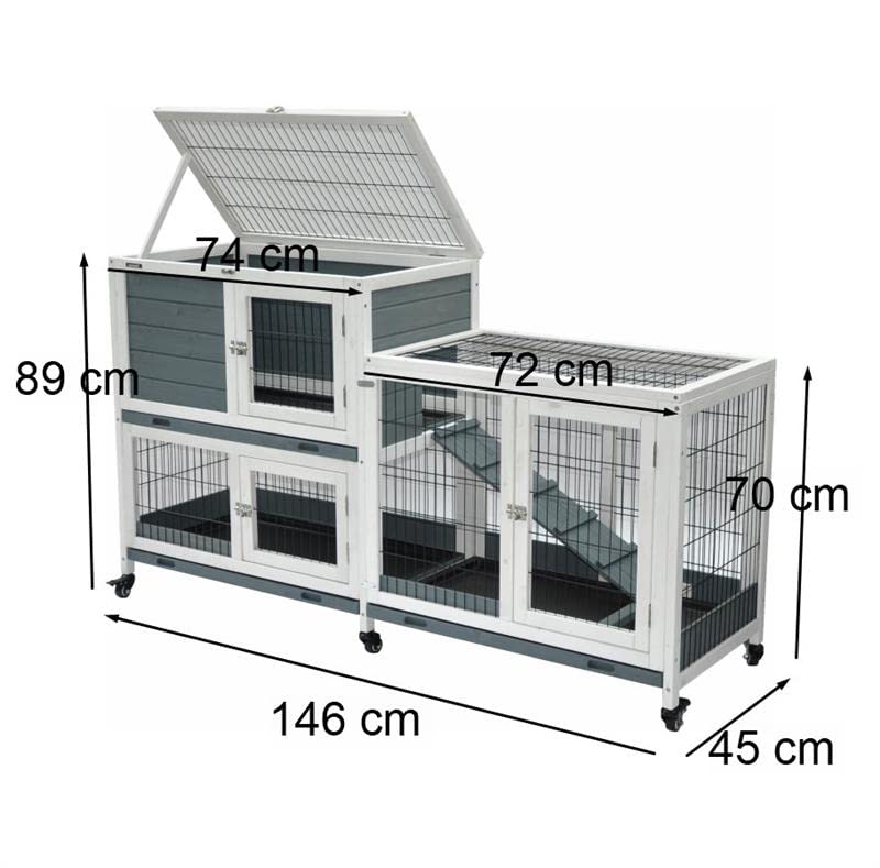 nanook Kleintierstall Nagerstall Indoor Kaninchenstall Hasenstall Meerschweinchen 146 x 89 cm - 6 x praktische Rollfüße - grau-weiß