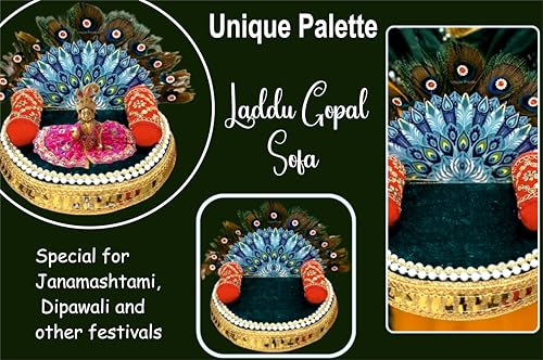 Image of Wood Sofa for Laddu Gopal Ji Size 2, 3 Number (Model- 1)| Laddu Gopal Bethak| Round Singhasan Kanha Ji with Extra 2 Pillows | Bal Gopal Asan, Blue(Size 8x8 inches Base)