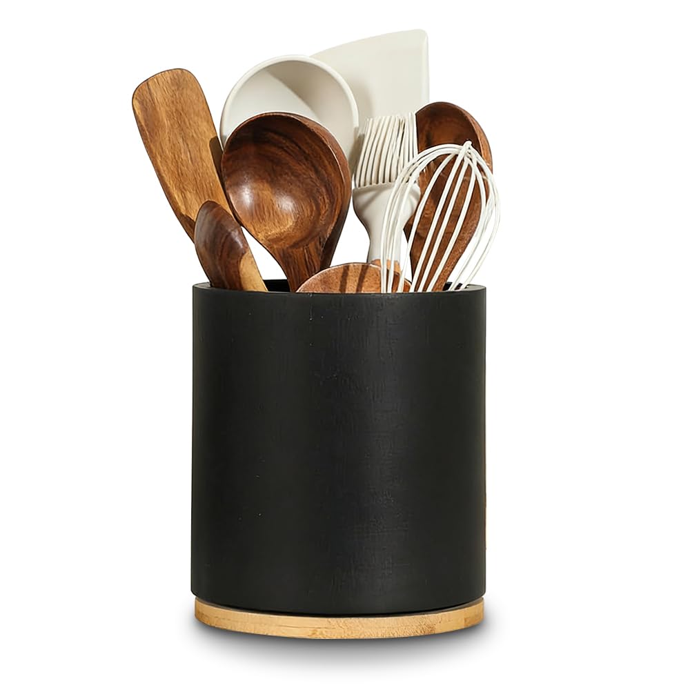 NAVESO Porta Mestoli da Cucina, Porta Utensili da Cucina in Legno Girevole a 360°, Impermeabile Portamestoli Cucinas per Cucchiaio, Frusta, Forchetta Nero