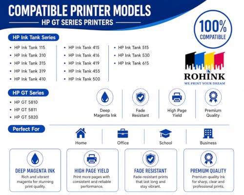 Image of ROHINK GT51 GT52 Ink Refill Dye Ink Compatible with HP Ink Tank 115, 310, 315, 319, 410, 415, 416, 419, 455, 500, 515, 530, 615, GT 5810, GT 5811, GT 5820 (HP HGT52 Megenta Pack 2)