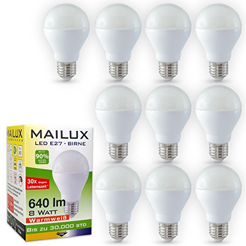 MAILUX BUM12575 LED Energiesparlampe | Birne | E27 | 8 Watt | matt | 640 lm | 140° | warmweiss 2700 K | ersetzt ca. 50 Watt | 10er PRIME-Pack Cover