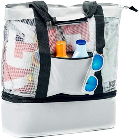 Mesh Beach Bag With Insulated Picnic Cooler | Top Zipper Closure & Detachable Cooler