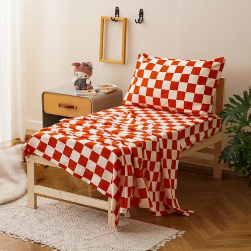 Image of CLOTHKNOW 4Pieces Orange Beige Plaid Toddler Bedding Sets for Boys Girls Grid Bedding Sets Soft Crib Bed Sets