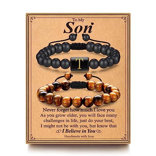 MONOZO Birthday Gifts for Son, Boys Beaded Bracelet Gifts for Son 8mm Tiger Eye & Black Agate Initial T Bracelets for Son Birthday Christmas Graduation Gifts for Son To My Son Bracelets from Mom
