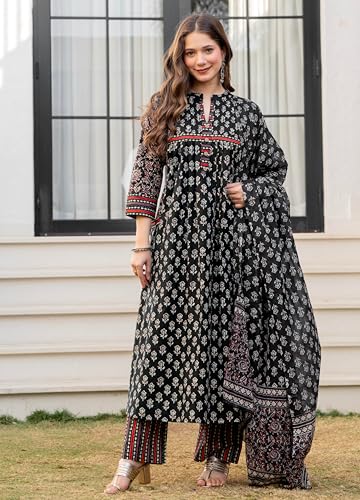 Image of Amayra Women's Pure Cotton Printed A-Line Kurta Set with Palazzo Pants & Dupatta- Ethnic Wear