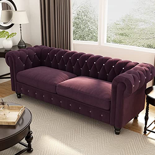 Image of Dime Store Wooden Chesterfield Sofa 3 Seater with Button Tufted Design Solid Wood Frame Upholstered Couch with Rolled Arms | Luxury Living Room Sofa for Home, Office, Lounge & Reception (BlackBerry)