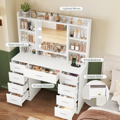 Image of FIONESO Vanity Desk with Mirror and Lights, Power Outlet, Makeup Vanity with 9 Drawers & 6 Open Storage Shelves, 3 Lighting Modes Brightness Adjustable, White