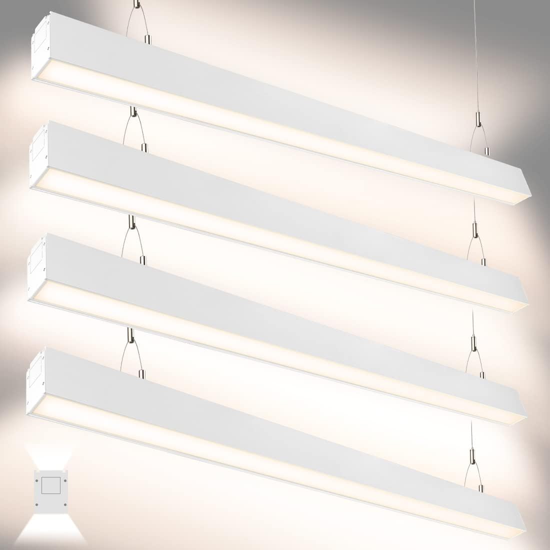 DAKASON 4FT Linkable LED Linear Light, 35W Down 15W Up Light, 3/4/5000K CCT Selectable, Commercial Linear Lighting Fixture for Office, Dimmable Suspended Lighting for School, Market, 4Pack White White 4 Pack