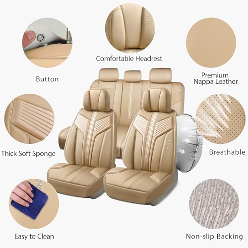 Image of CAR PASS Nappa Leather Seat Covers, Breathable Waterproof Car Seat Covers Full Set, Luxury 3D Sponge Support Full Coverage Seat Protector, Universal Fit SUV Pick-up Truck Sedan Automotive All Beige