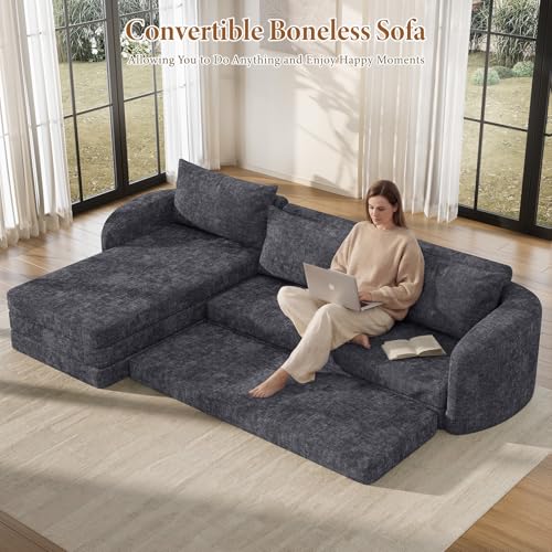 Image of Vesgantti 6 in 1 Convertible Folding Sleeper Sofa Bed, No Assembly, Blue | 110.2 inch L Shaped Modular Sectional Sofa, Curved Armrest, Deep Seat Boneless Couches for Living Room, Chenille, Left Facing