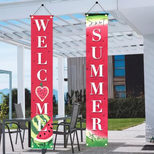 Image of BlissYard 2pcs Welcome Summer Door Banner Watermelon Porch Banner Sign Sweet Fruit Time Front Door Hanging Decor Banners for Summer Home Hawaii Tropical Party Outdoor Decorations